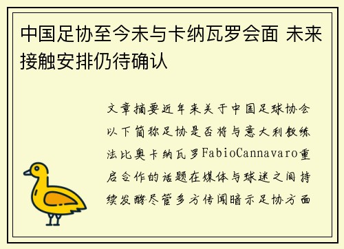 中国足协至今未与卡纳瓦罗会面 未来接触安排仍待确认