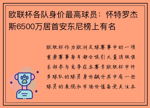 欧联杯各队身价最高球员：怀特罗杰斯6500万居首安东尼榜上有名